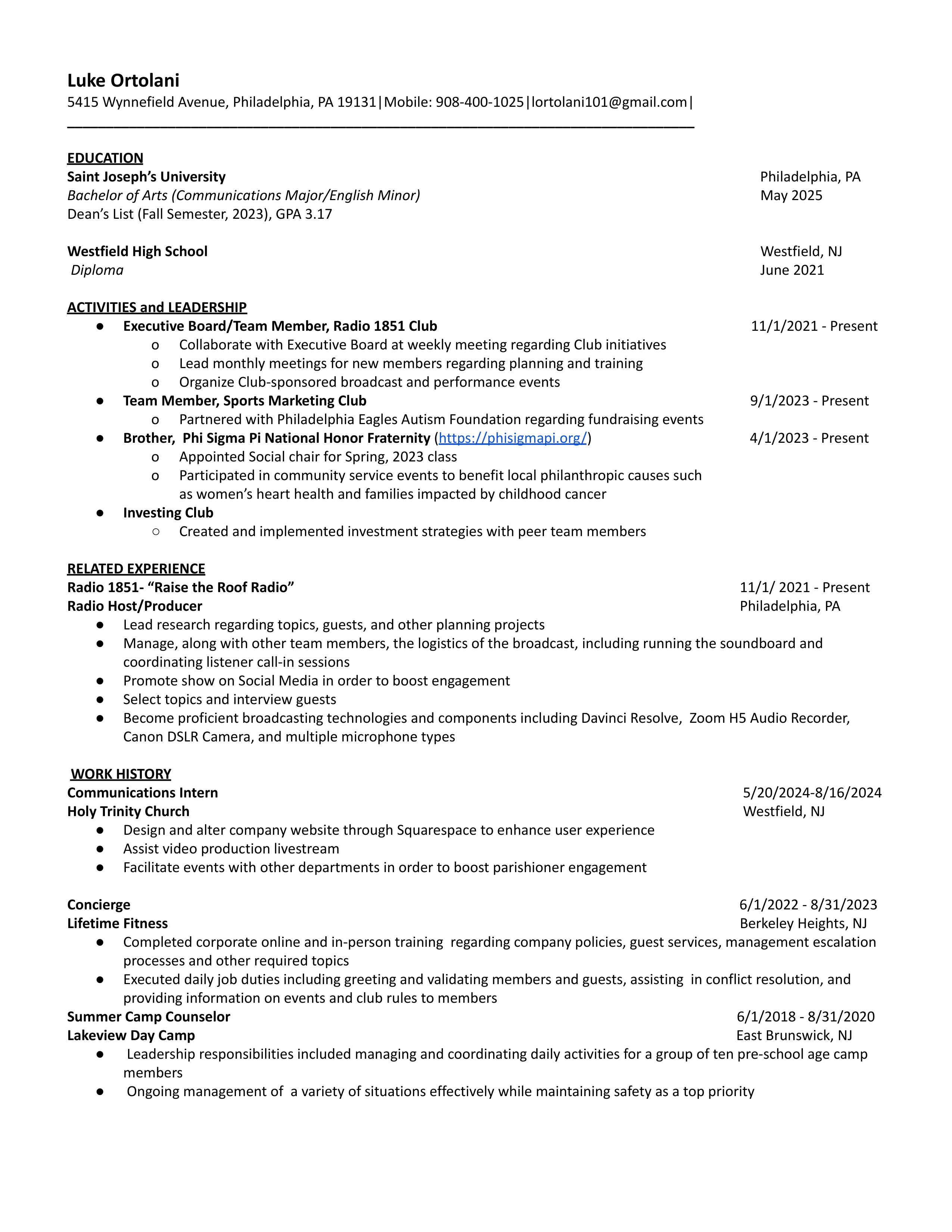 Luke Ortolani's Resume